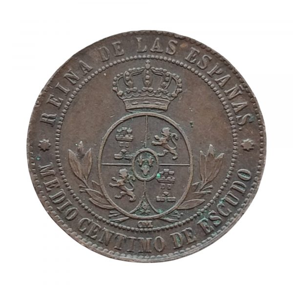 Medio Céntimo de Escudo Isabel II 1867 Barcelona EBC- - Imagen 2