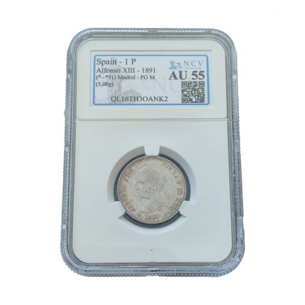 1 Peseta Alfonso XIII 1891 Madrid Encapsulada por NCV AU55 SC