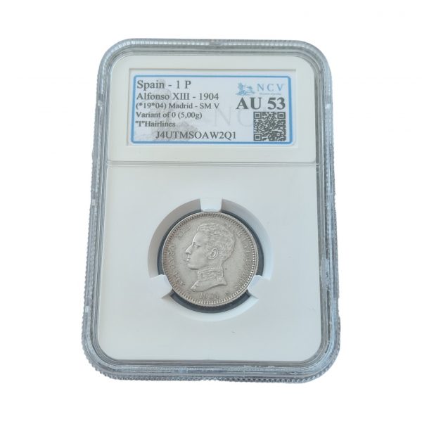 1 Peseta Alfonso XIII 1904 Madrid Encapsulada por NCV AU53 SC- Variante Ø